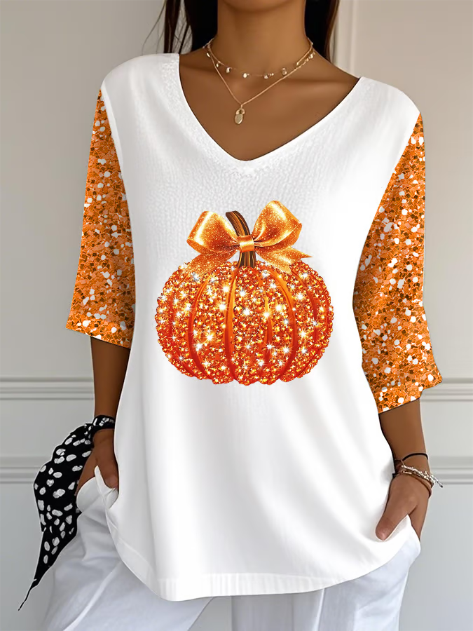 Women's Sequined Pumpkin Print Jacquard Fabric Casual V-Neck Top