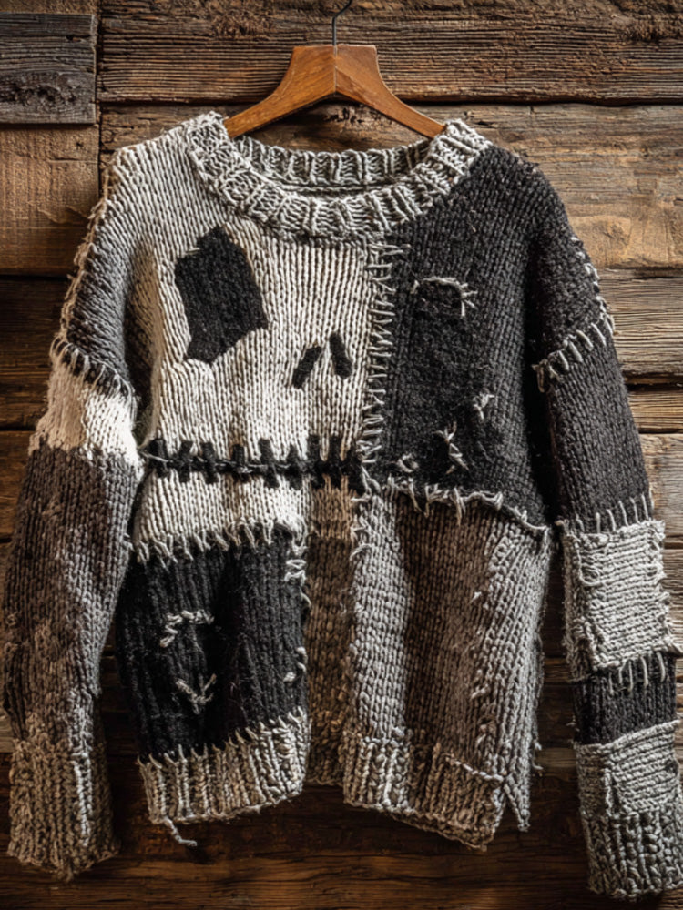 Halloween Pumpkin Face Contrast Stitched Cozy Knit Sweater