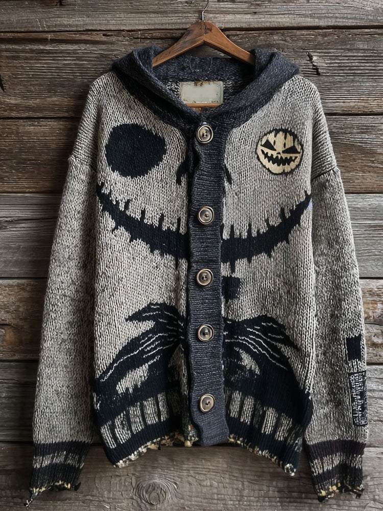 Halloween Spooky Face Contrast Stitching Cozy Knitted Hooded Sweater Cardigan
