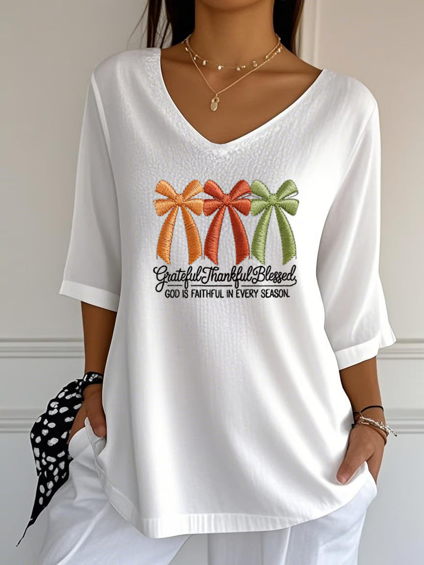 Women's Autumn Style Print V-Neck T-Shirt