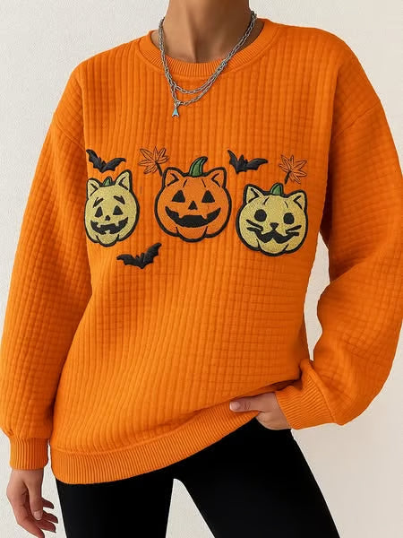 Women's Autumn Pumpkin Maple Leaf & Bat Print Sweatshirt