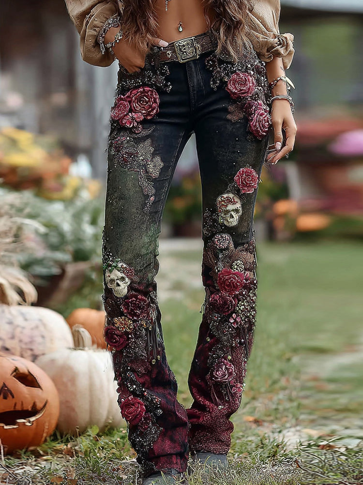 Rose Skull Embroidered Halloween Gothic Rock Jeans