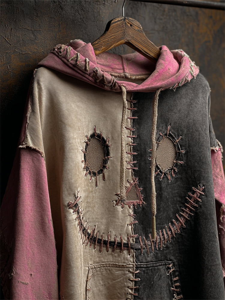 Halloween Stitched Face Contrast Patchwork Washed Hoodie