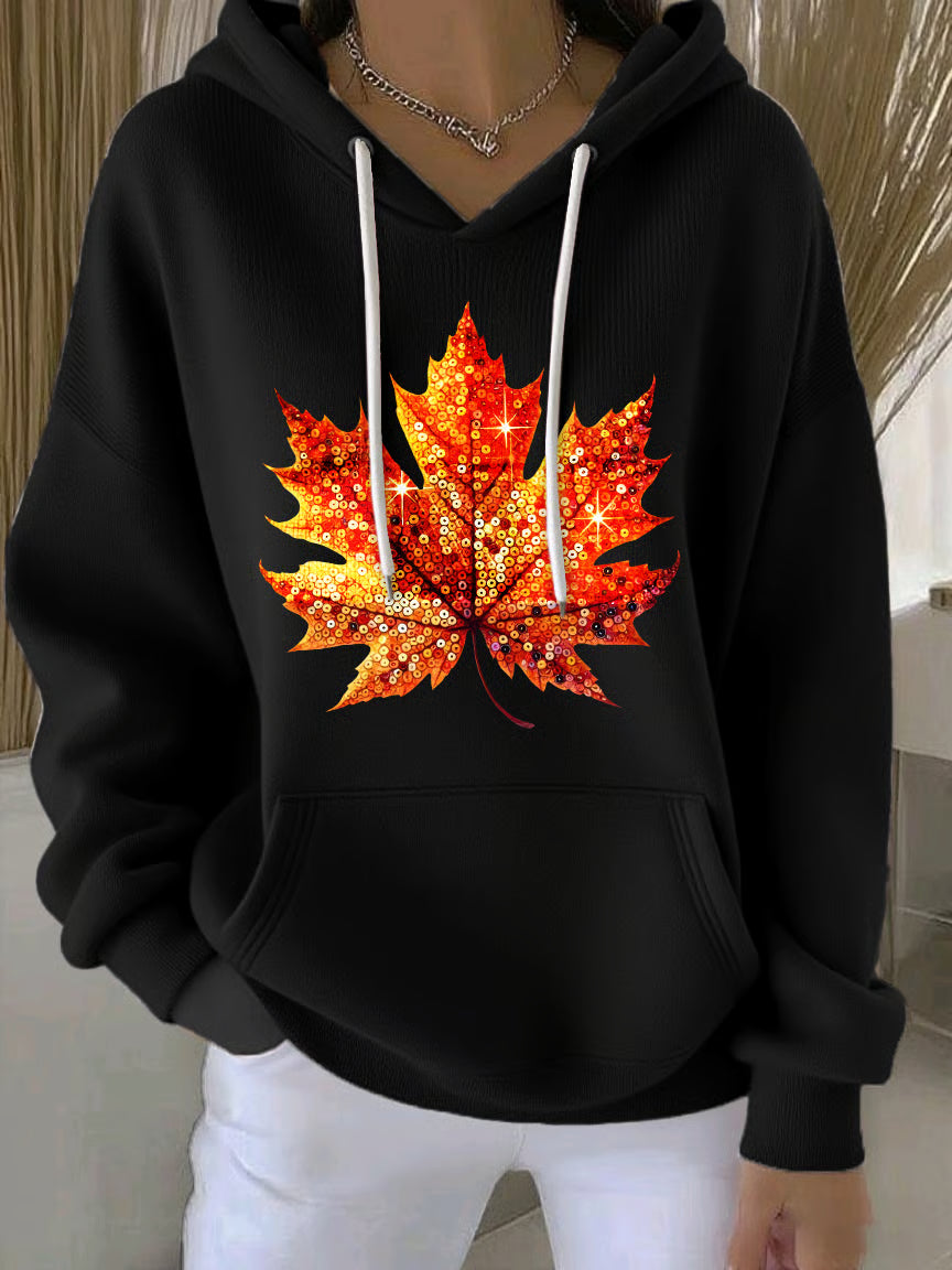 Women's Autumn Maple Leaf Print Casual Hooded Sweatshirt