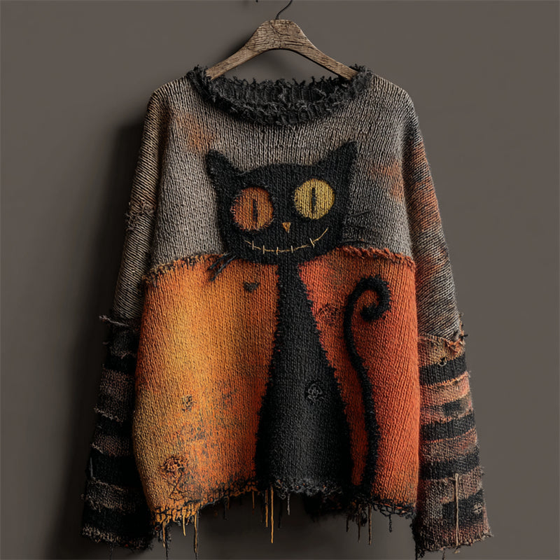 Halloween Black Contrast Stitched Cozy Knit Sweater
