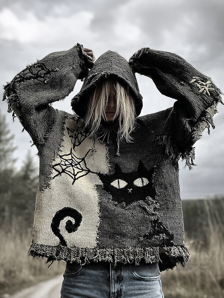 Halloween Scared Black Cat Patchwork Stitched Cozy Knit Hooded