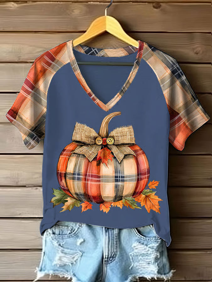 Women's Pumpkin Season Print V Neck T-Shirt