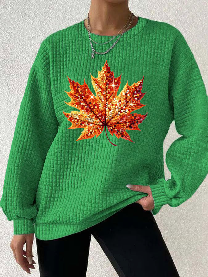 Women's Autumn Sequin Maple Leaf Print Gingham Crew Neck Sweatshirt
