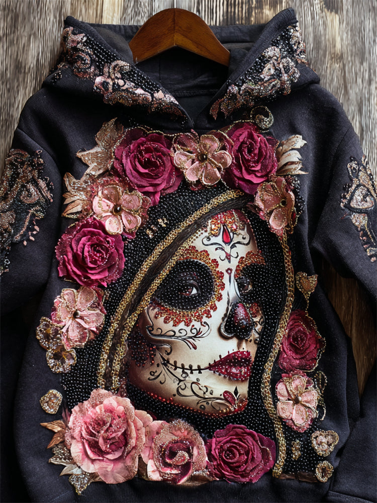 Day Of The Dead Glitter Sugar Skull Woman Floral Fiber Art Hoodie