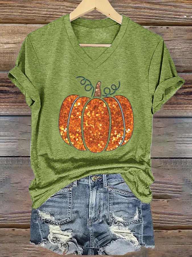 Women's Sequin Pumpkin Print Casual T-Shirt