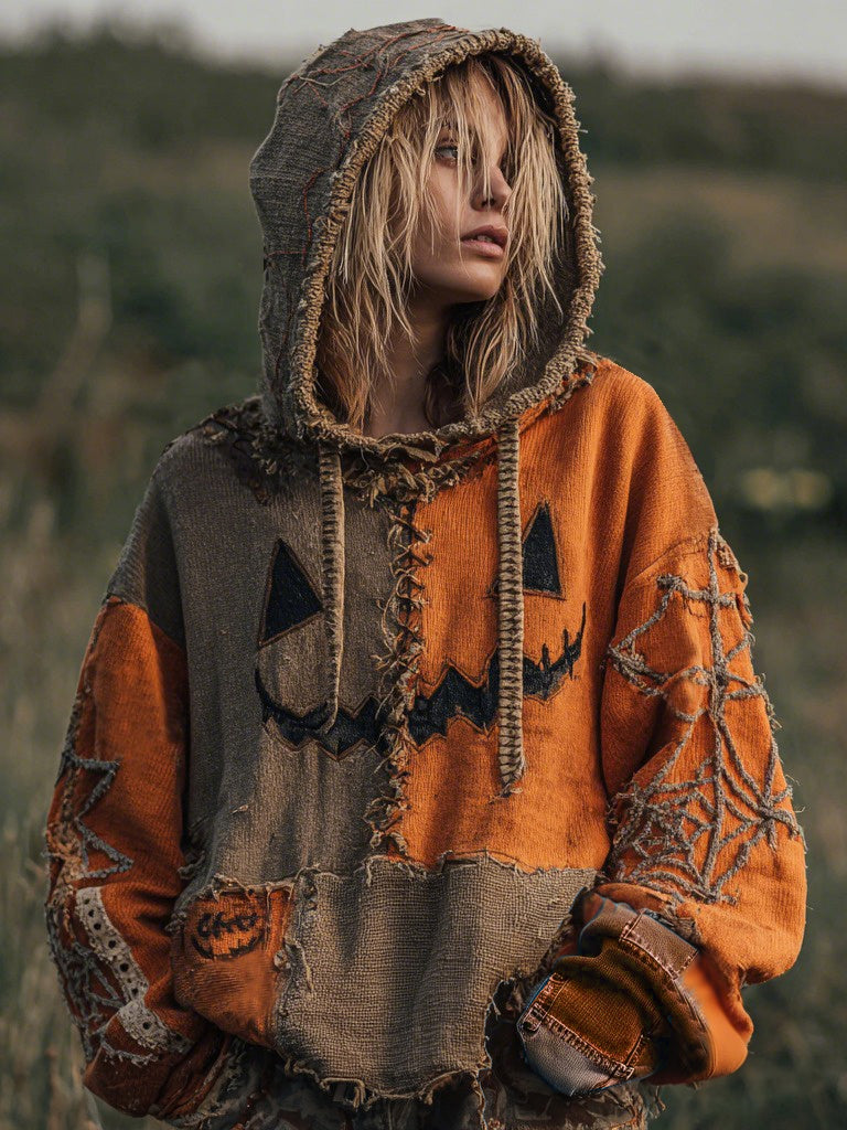Halloween Pumpkin Face Patchwork Design Cozy Hoodie