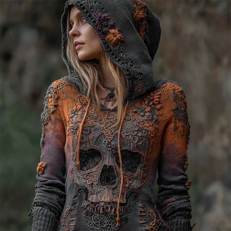 Halloween Skull Floral Celtic Gradient Knit Hooded Sweater