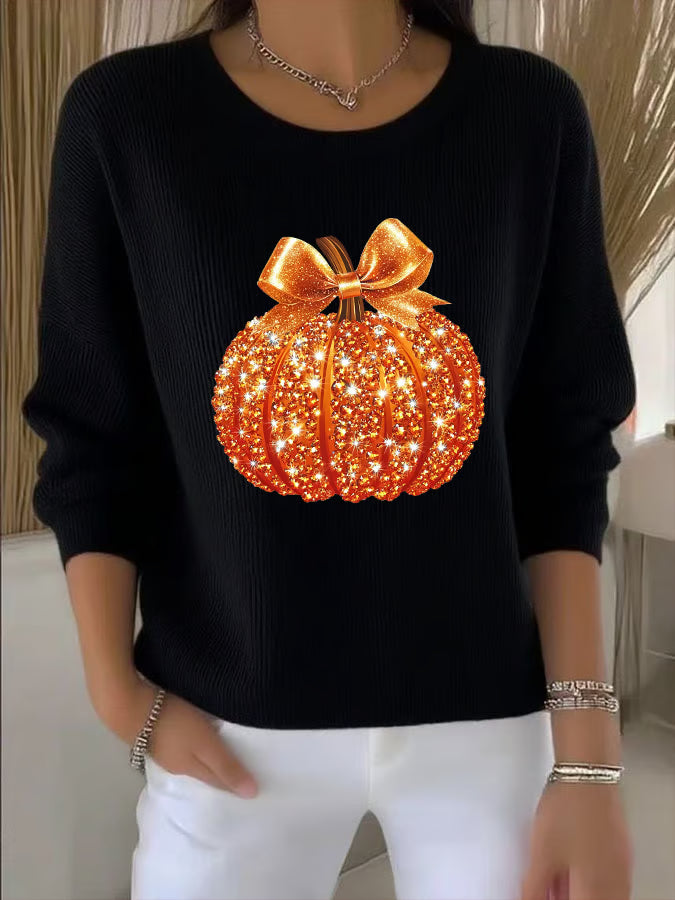 Women's Autumn Sequin Pumpkin Print Knit Long Sleeve Top