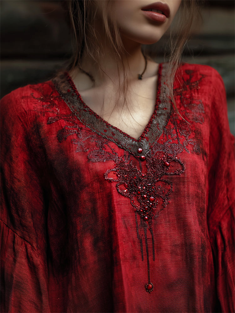 Halloween Vintage Bloody Rhinestone Beaded Linen Tunic