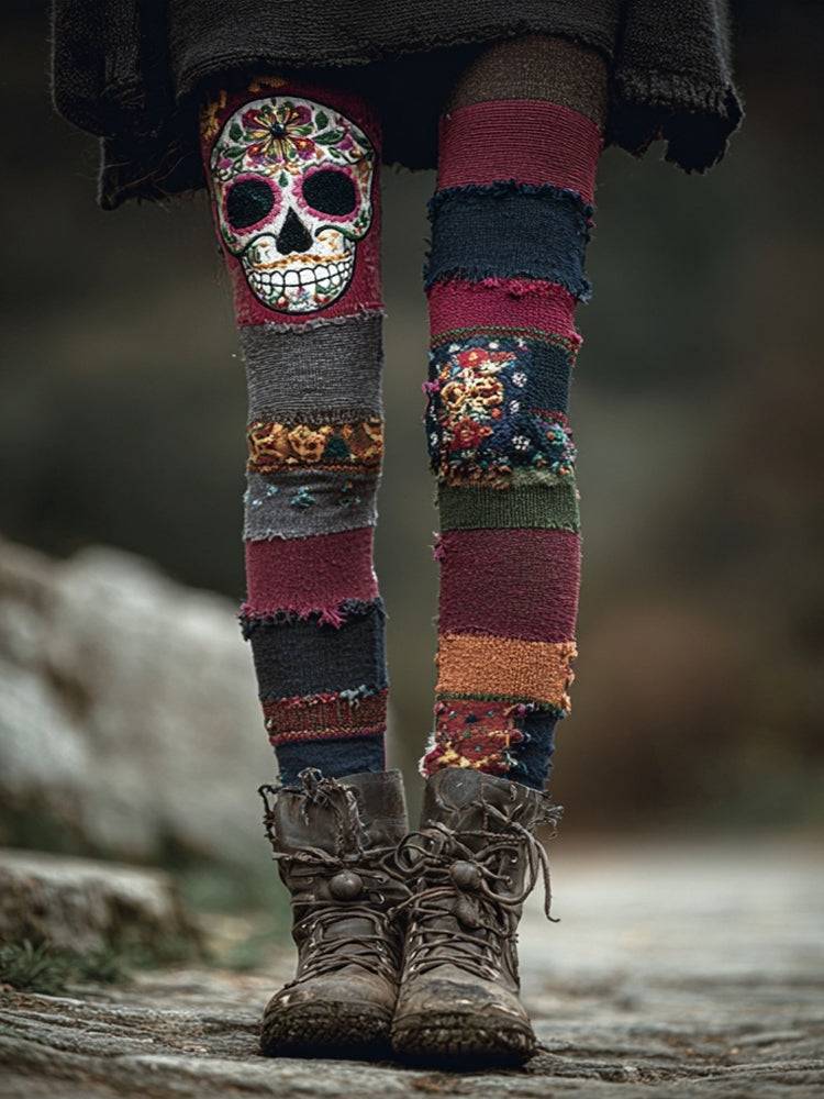 Halloween Skull Striped Patchwork Cozy Knit Leggings