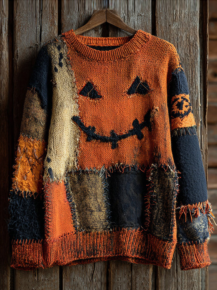 Halloween Pumpkin Face Contrast Stitched Cozy Knit Sweater