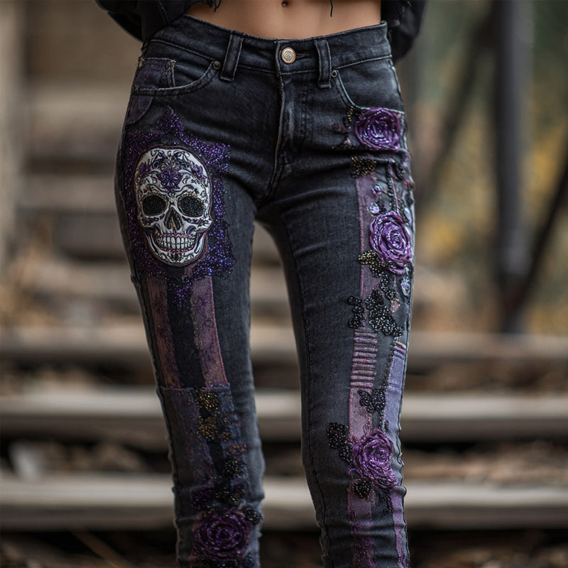 Halloween Skull & Roses Embroidered Washed Skinny Jeans