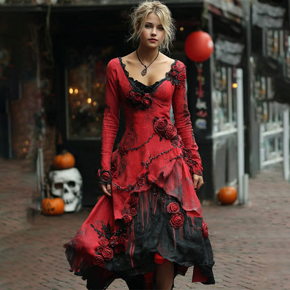 Retro Red Rose Embroidery Beaded Gradient Midi Dress
