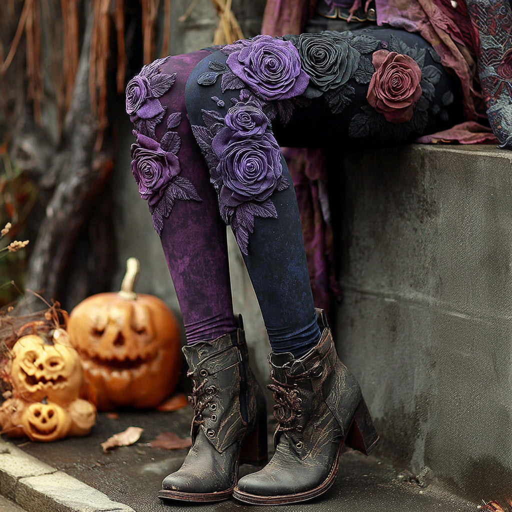 Vintage Halloween Black And Purple Rose Art Stitched Cozy Leggings