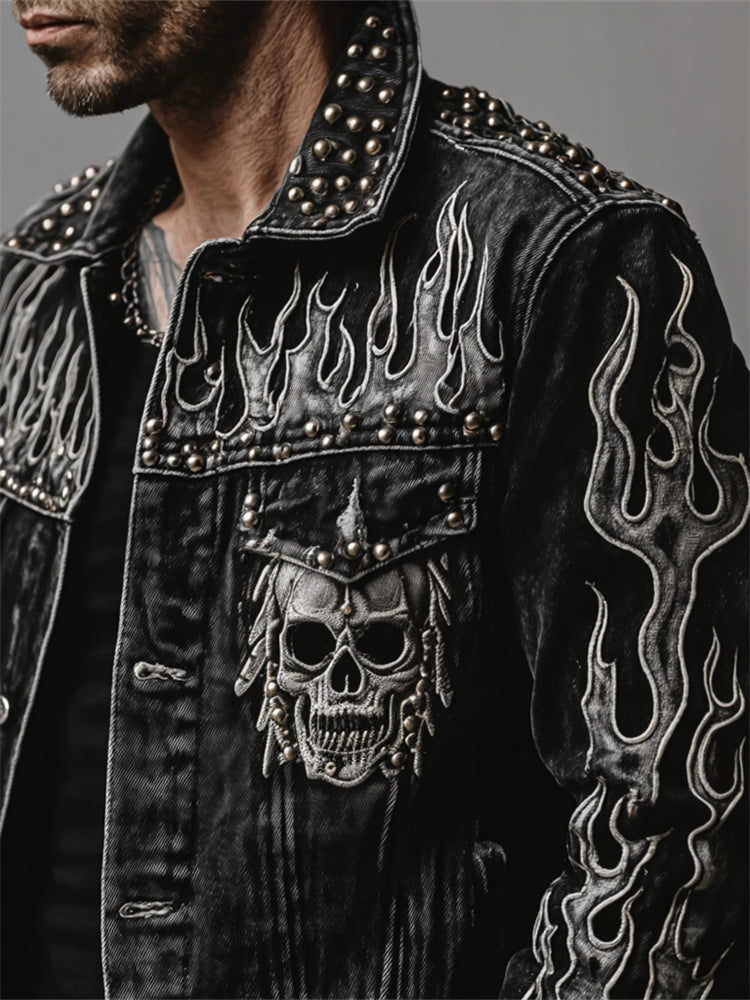 Men's Rock Skull Flame Studded Dark Washed Denim Jacket