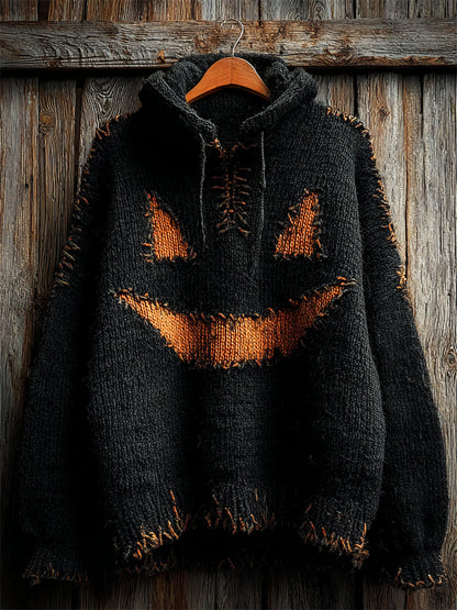Halloween Pumpkin Face Stitched Cozy Knit Hooded Sweater