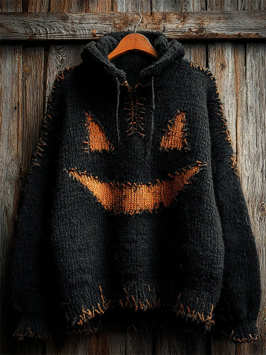 Halloween Pumpkin Face Stitched Cozy Knit Hooded Sweater