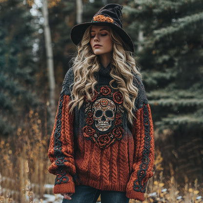 Women's Viking Tribal Jacquard Celtic With Rose And Skull Inspired Chunky Knit Hooded Sweater