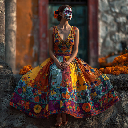 Day Of The Dead Marigolds Floral Embroidered Colorblock Linen Maxi Dress