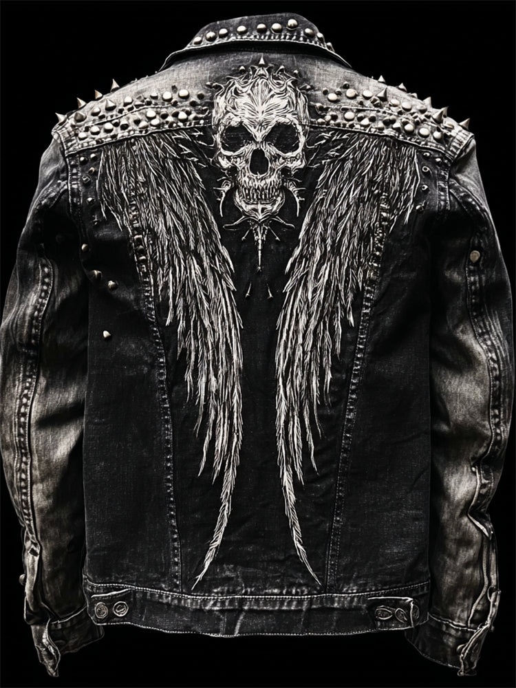Men's Skulls & Wings Rock Studded Washed Denim Jacket