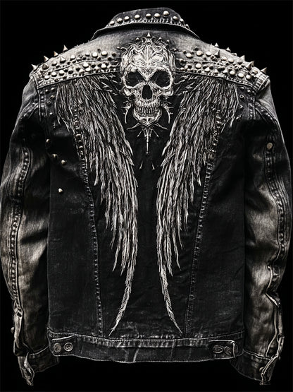 Men's Skulls & Wings Rock Studded Washed Denim Jacket