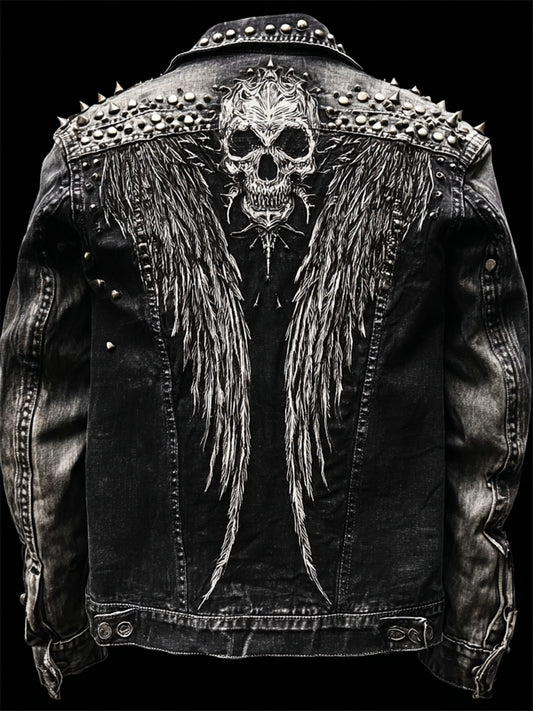Men's Skulls & Wings Rock Studded Washed Denim Jacket