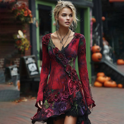 Retro Red Rose Embroidery Beaded Gradient Mini Dress