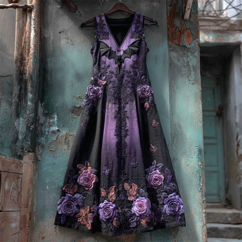 Halloween Bat & Dark Rose Gothic Women's Vest Midi Dress