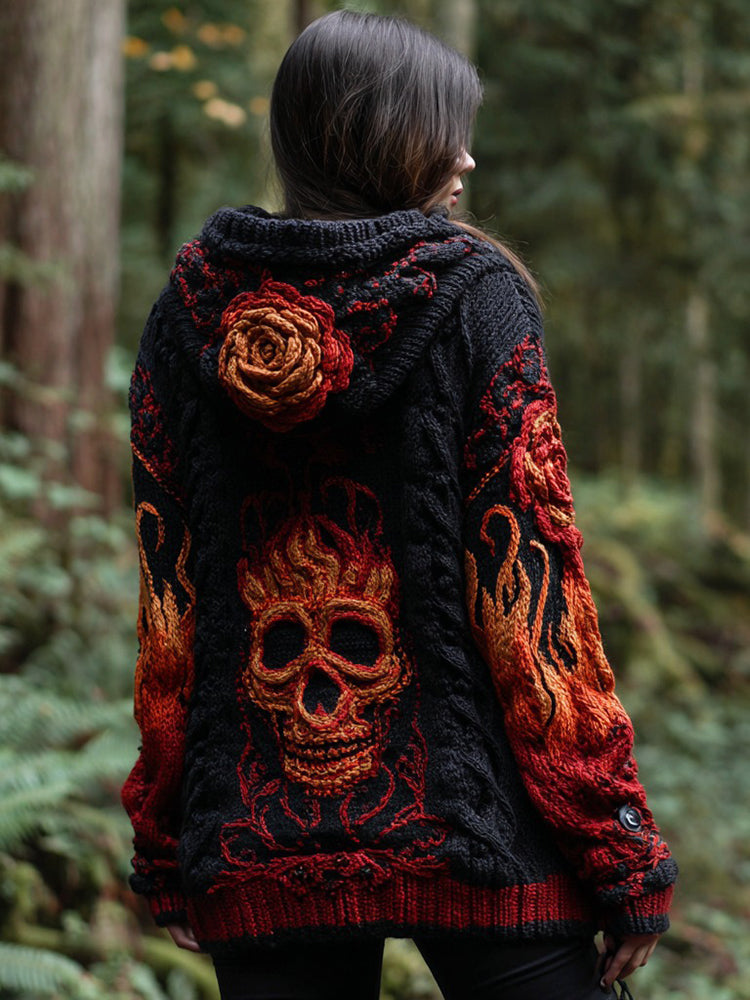Women's Vintage Flame Skull And Flower Art Cozy Knit Jacquard Hooded Sweater
