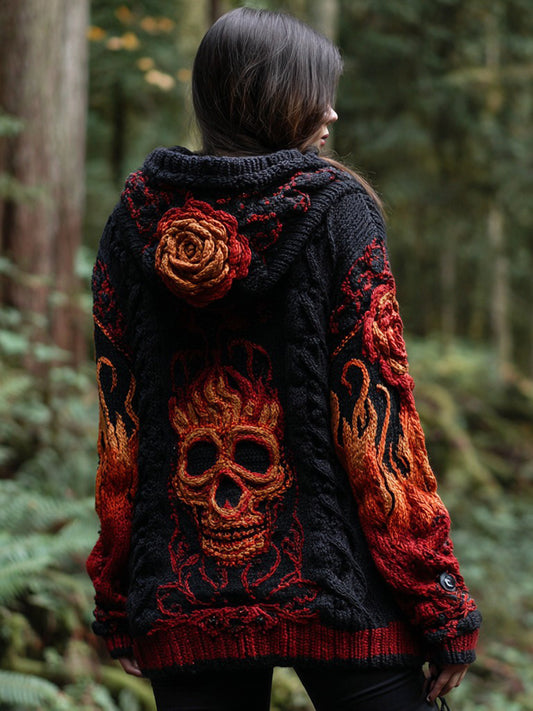 Women's Vintage Flame Skull And Flower Art Cozy Knit Jacquard Hooded Sweater