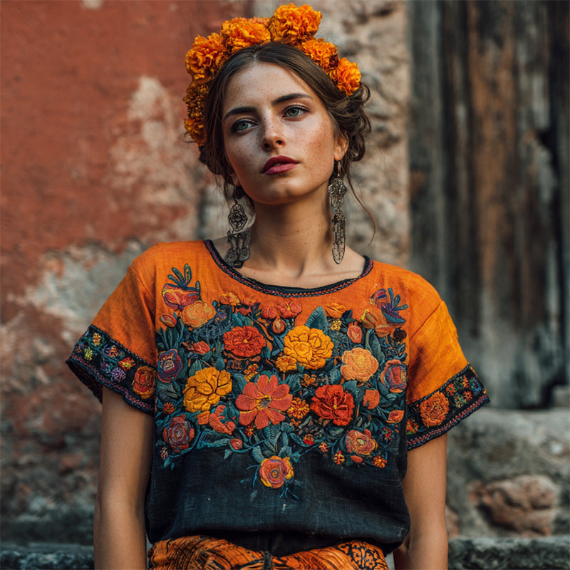 Day Of The Dead Marigolds Floral Embroidered Contrast Linen Shirt