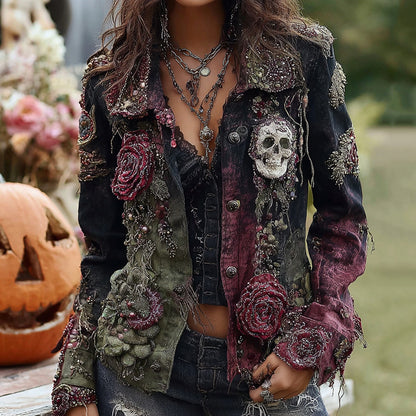 Rose Skull Embroidered Gothic Rough-contrast Denim Jacket