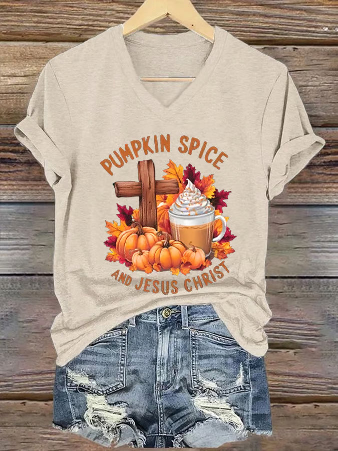 Women's Pumpkin Spice & Jesus Christ Print T-Shirt