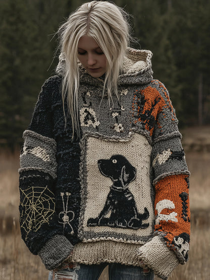 Dog Spiderweb Patchwork Stitched Cozy Knit Hoodie
