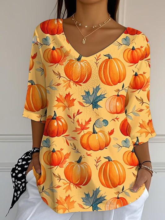 Women's Casual Autumn Maple Leaf Pumpkin V-Neck T-Shirt