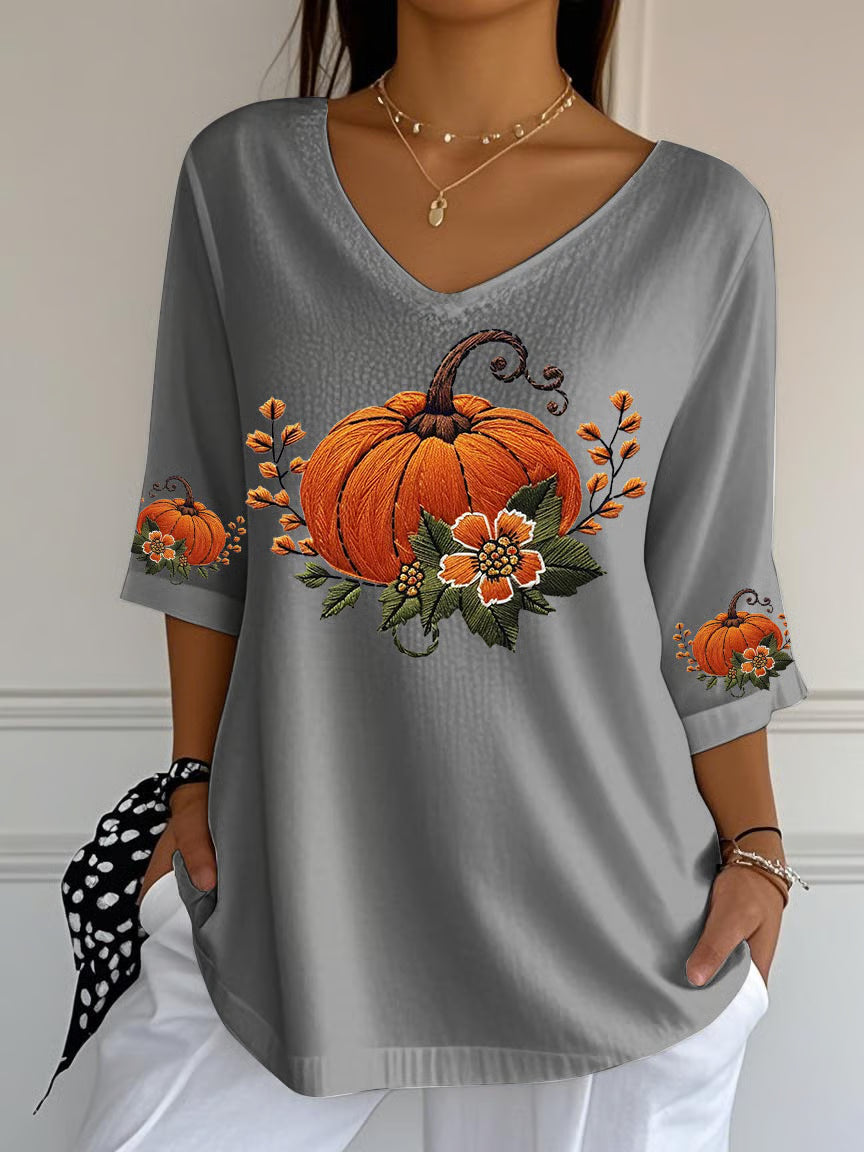 Women's Retro Autumn Pumpkin Print Mid Sleeve T-Shirt