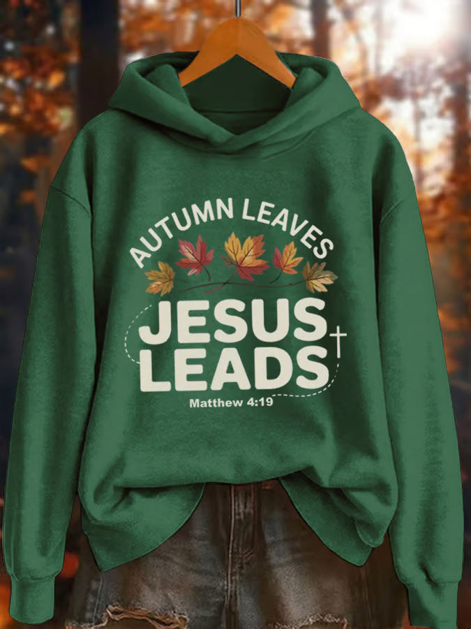 Women's Autumn Leaves Jesus Leads Printed Hoodie