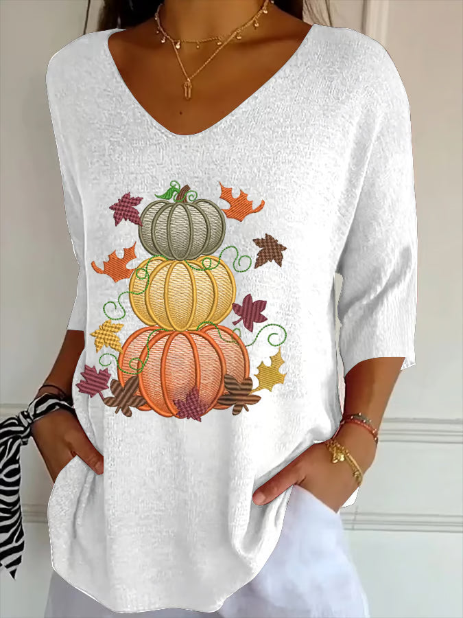 Women's Casual Autumn Pumpkin Striped T-Shirt