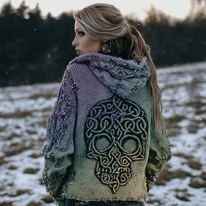 Vintage Celtic Skull Embroidered Gradient Cozy Hooded Sweater