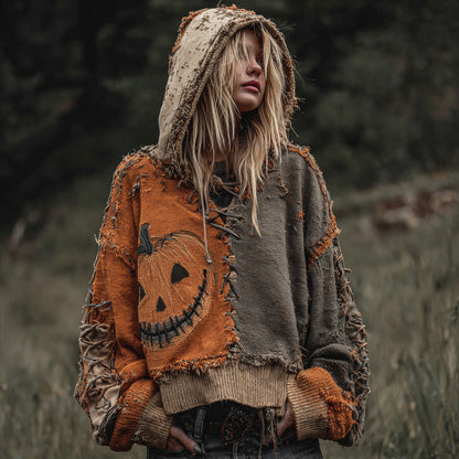 Halloween Pumpkin Face Patchwork Design Cozy Knit Hooded Sweater