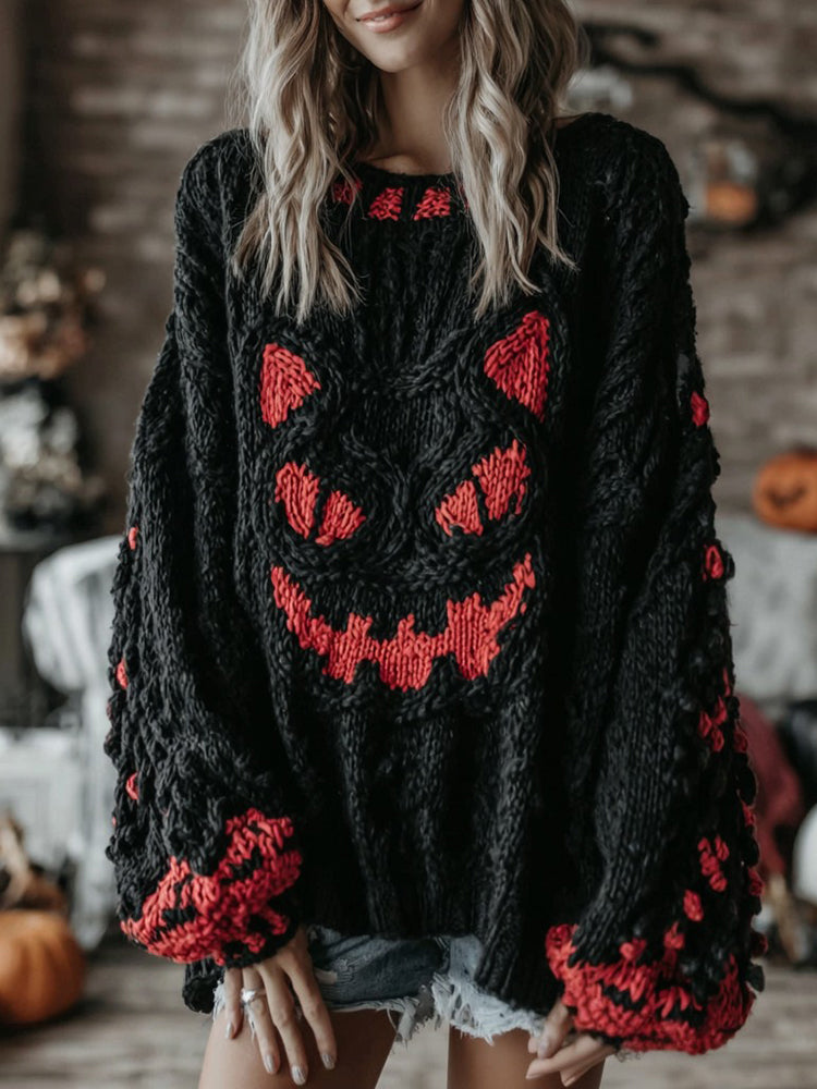 Halloween Black Smiley Face Contrast Knitted Cozy Sweater