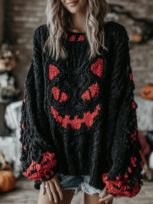 Halloween Black Smiley Face Contrast Knitted Cozy Sweater
