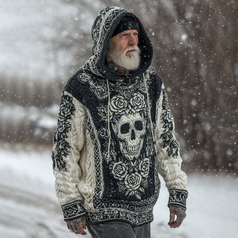 Men's Viking Tribal Jacquard Celtic With Rose And Skull Inspired Chunky Knit Hooded Sweater