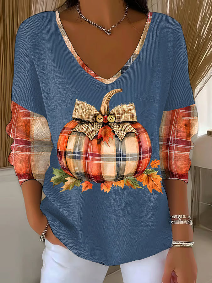 Women's Pumpkin Season Print V Neck Sweater