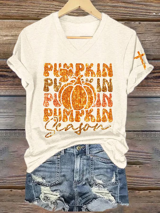 Women's Pumpkin Season Print Short Sleeve T-Shirt